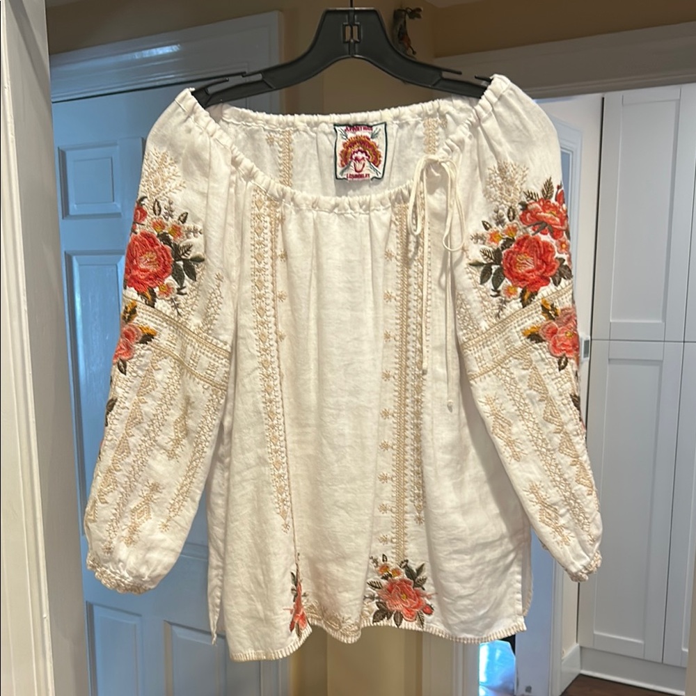 Johnny Was Smocked Blouse in Cream and Red